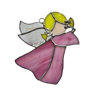 Vintage Stained Glass Suncatcher Angel With Pink Dress & Yellow Hair